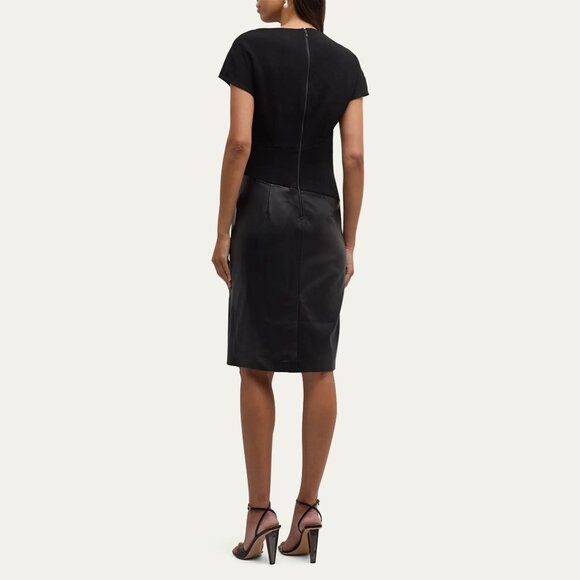 Teri Jon by Rickie Freeman Pleated Crepe Vegan Leather Dress Black Size 14 NWT - Picture 2 of 9